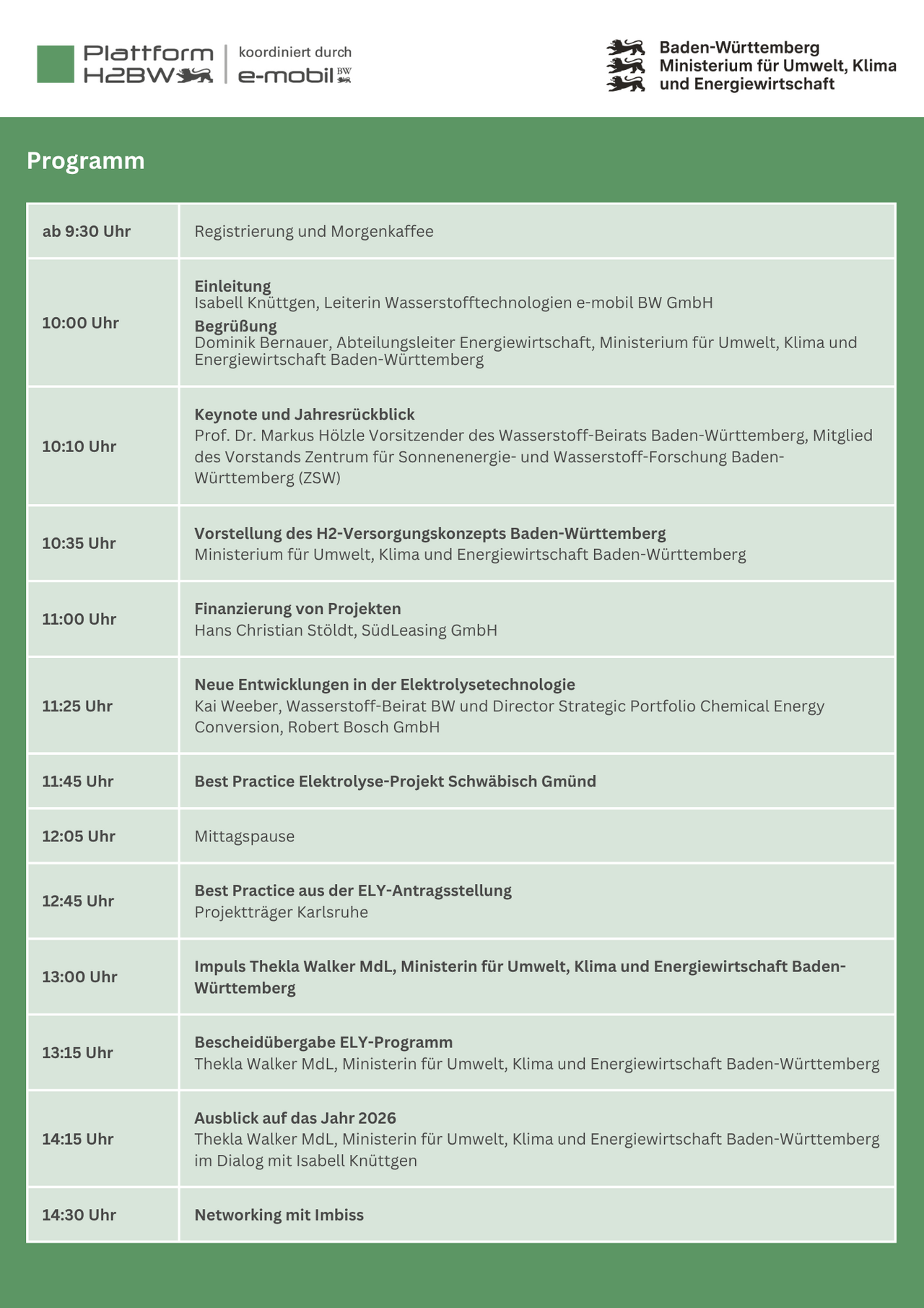 Tabelle mit Uhrzeiten und Inhalten zum Ablauf der Veranstaltung von 9:30 Uhr bis 14:30 Uhr.